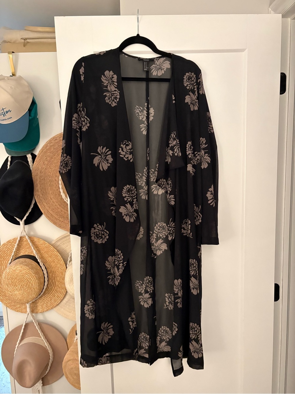 Black Floral Sheer Longline Duster Kimono